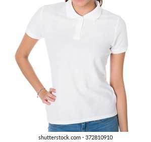 Midsection Of Young Woman Wearing Blank Tshirt On White Background