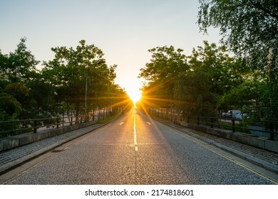 Midsummer boulevard at sunrise in Milton Keynes. England - Shutterstock ID 2174818601