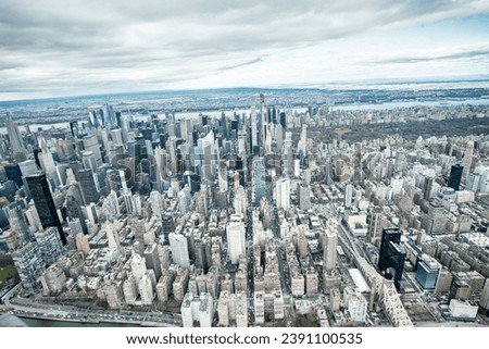 Midtown Manhattan aerial skyline from helicopter in winter season, New York City - USA.