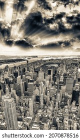 Midtown Manhattan Aerial Skyline At Sunset, New York.