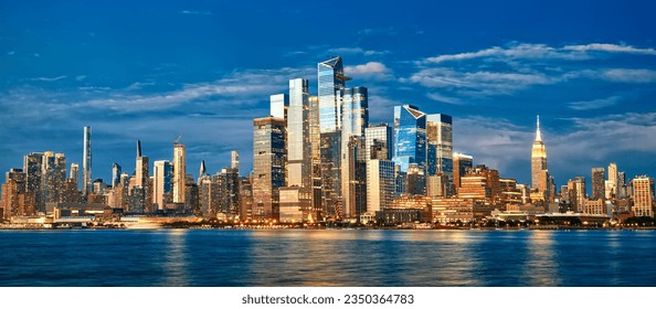 Midtown Manhattan and Hudson Yards skyscrapers panorama at dusk, New York