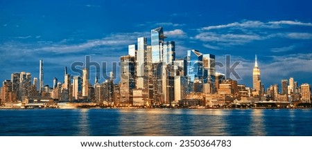Midtown Manhattan and Hudson Yards skyscrapers panorama at dusk, New York