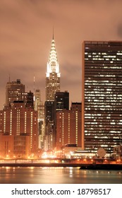 Midtown Manhattan Skyline At Night Lights, NYC