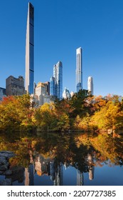 Midtown Manhattan View Of Central Park In Fall With Billionaires Row Skyscrapers. New York City 