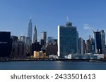 Midtown Manhattan, view from Queens across the East River.   Chrysler building, United Nations building.