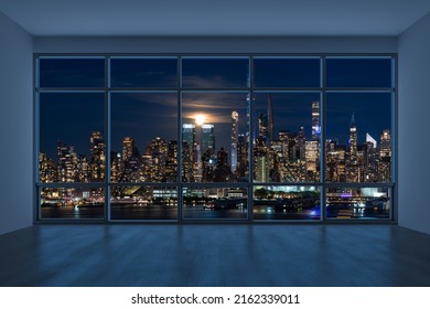 Midtown New York City Manhattan Skyline Buildings from High Rise Window. Beautiful Expensive Real Estate. Empty room Interior Skyscrapers View Cityscape. Night time. west side. 3d rendering.