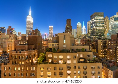 Midtown panorama at twilight from rooftop, New York City.