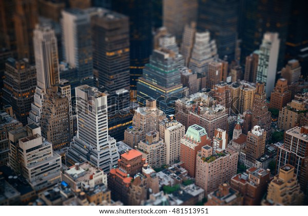 Midtown skyscraper buildings rooftop view tilt-shift
in New York City