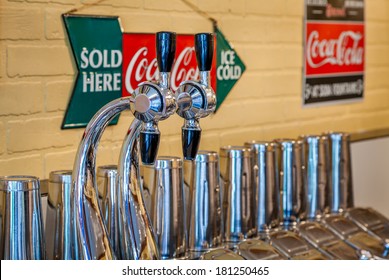 MIDWAY, KENTUCKY, USA - JULY 06, 2013: Traditional 1950s Soda Fountain In A Pharmacy Shop In Midway, Kentucky.