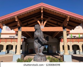 Midway, Utah / USA -  May 12 2018: Front View Entrance And Bear Sculpture Of Zermatt Utah Resort And Spa 