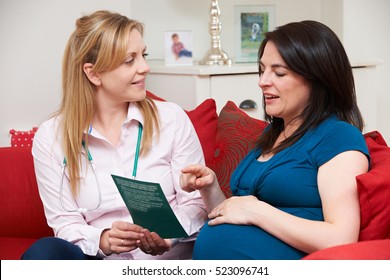 Midwife Looking At Leaflet With Pregnant Woman During Home Visit