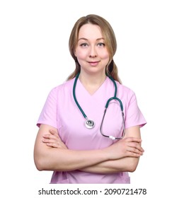 A midwife in a medical uniform isolated on a white background.