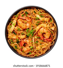 Mie Goreng In Black Bowl Isolated On White. Indonesian Cuisine Prawn Noodles And Vegetables Stir Fired Dish. Asian Food.