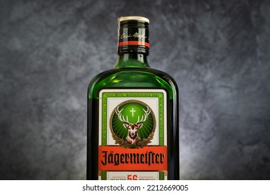 MIEKINIA, POLAND - AUGUST 9, 2022: Jägermeister Bottle, German Digestive Alcohol Drink (digestif). Jagermeister Liqueur Made With 56 Herbs And Spices.