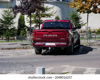 Miercurea Ciuc, Romania- 25 September 2021: Back view of a red parked Dodge Ram pickup truck on the streets.