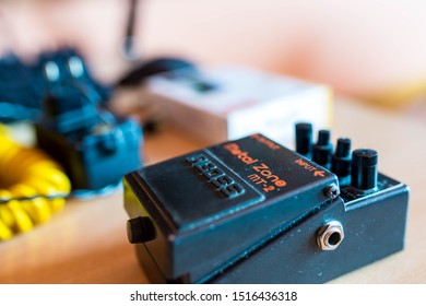 Miercurea Ciuc, Romania- 28 September 2019: Old, Dusty Boss Metal Zone Distortion Pedal In A Small Music Studio.