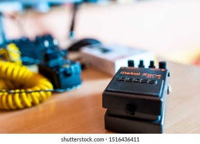 Miercurea Ciuc, Romania- 28 September 2019: Old, Dusty Boss Metal Zone Distortion Pedal In A Small Music Studio.