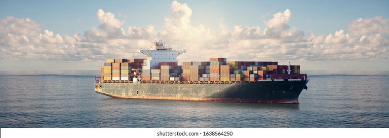 Mighty Container Ships In Ocean At Sunrise Underway Performing Import And Export Marine Cargo Transportation. Commercial Goods Industry And Maritime Cargo Shipment Concept.