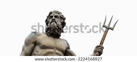 The mighty figure of Neptune (Poseidon, Triton) god of sea and oceans . Neptune's trident as symbol strength, power and unrestrained. Fragment of an ancient statue on white background.