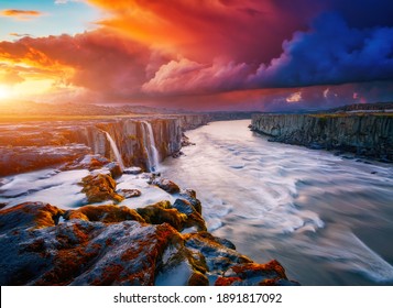 Mighty stream of breathtaking Selfoss cascade. Location place Vatnajokull National Park, Iceland, Europe. Vibrant photo wallpaper. Image of most popular world landmarks. Discover the world of beauty.