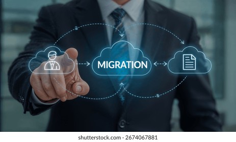 Migration Data Web Technology Concept. Business person using virtual touch screen push word: MIGRATION. Digital data transfer and exchange documents.