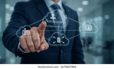 Migration Data Web Technology Concept. Business person using virtual touch screen push word: MIGRATION. Digital data transfer and exchange documents.
