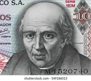 Miguel Hidalgo Y Costilla Portrait On Mexico 10 Pesos (1974) Banknote Closeup Macro. Leader Of The Mexican War Of Independence.