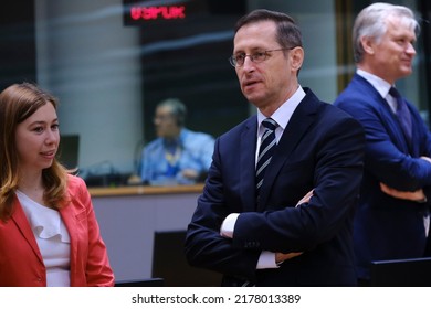 Mihaly Varga ,Minister For Finance Arrives To Attend In An Economic And Financial Affairs Council Configuration (ECOFIN) In Brussels, Belgium On July 12, 2022.