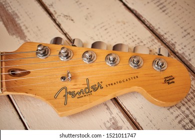 Mijas, Spain; 10/02/2019: Fender Stratocaster guitar shovel with its logo