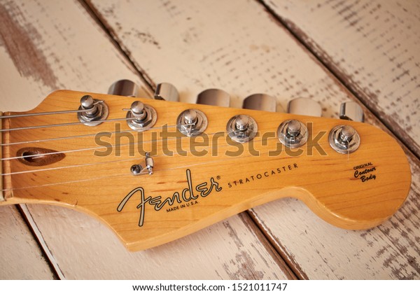 Mijas, Spain; 10/02/2019: Fender Stratocaster guitar\
shovel with its logo