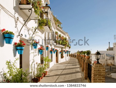 Mijas Spain, Street view of white-washed village of Mijas. in mountains. Mijas, Andalusia, Spain.