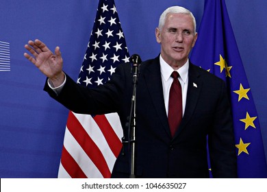 Mike Pence, Vice President Of The United States Welcomed By Jean-Claude Juncker, President Of The European Commission In Brussels, Belgium On Feb. 20, 2017 . 