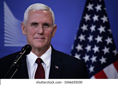 Mike Pence, Vice President Of The United States Welcomed By Jean-Claude Juncker, President Of The European Commission In Brussels, Belgium On Feb. 20, 2017 . 