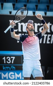 Mikhail Kukushkin Of Kazakhstan Beats Ernesto Escobedo Of USA On Day 5 Of 2022 Australian Open Qualifying At Melbourne Park On January 14, 2022 In Melbourne, Australia.