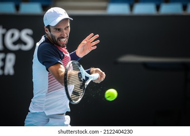 Mikhail Kukushkin Of Kazakhstan Beats Ernesto Escobedo Of USA On Day 5 Of 2022 Australian Open Qualifying At Melbourne Park On January 14, 2022 In Melbourne, Australia.