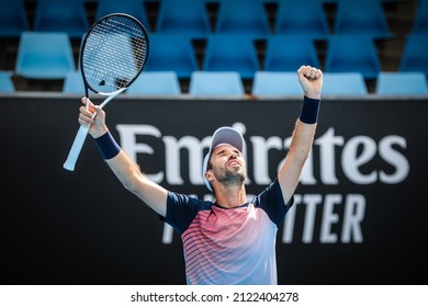 Mikhail Kukushkin Of Kazakhstan Beats Ernesto Escobedo Of USA On Day 5 Of 2022 Australian Open Qualifying At Melbourne Park On January 14, 2022 In Melbourne, Australia.