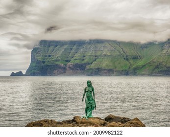 Mikladalur, Faroe Islands, Kalsoy - July, 2021: Kópakonann - selkies,  mythological beings capable of therianthropy, changing from seal to human form by shedding their skin. Kingdom of denmark. Europe
