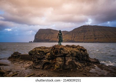 Mikladalur, Faroe Islands, Kalsoy - november, 2021: Kopakonann - selkies, mythological beings capable of therianthropy, changing from seal to human form by shedding their skin. Kingdom of denmark. 