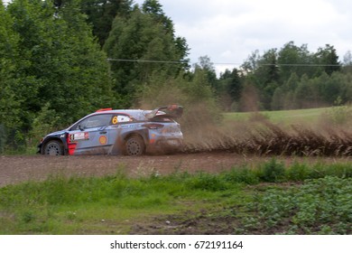 MIKOLAJKI, POLAND - JUL 1:  Dani Sordo And His Codriver Marc Marti In Hyundai I20 Coupe WRC Race In The 74nd Rally Poland, On July 1, 2017 In Mikolajki, Poland.