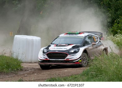 MIKOLAJKI, POLAND - JUL 1: Elfyn Evans And His Codriver Daniel Barritt In Ford Fiesta WRC Race In The 74nd Rally Poland, On July 1, 2017 In Mikolajki, Poland.