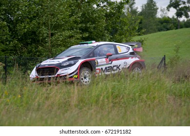 MIKOLAJKI, POLAND - JUL 1: Elfyn Evans And His Codriver Daniel Barritt In Ford Fiesta WRC Race In The 74nd Rally Poland, On July 1, 2017 In Mikolajki, Poland.