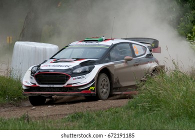 MIKOLAJKI, POLAND - JUL 1: Elfyn Evans And His Codriver Daniel Barritt In Ford Fiesta WRC Race In The 74nd Rally Poland, On July 1, 2017 In Mikolajki, Poland.