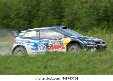 MIKOLAJKI, POLAND - JUL 1: Jari-Matti Latvala And His Codriver Miikka Anttila In A Volkswagen Polo R WRC Race In The 73nd Rally Poland, On July 1, 2016 In Mikolajki, Poland.
