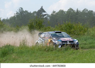 MIKOLAJKI, POLAND - JUL 1: Jari-Matti Latvala And His Codriver Miikka Anttila In A Volkswagen Polo R WRC Race In The 73nd Rally Poland, On July 1, 2016 In Mikolajki, Poland.
