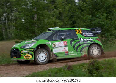 MIKOLAJKI, POLAND - JUL 1:  Jourdan Serderidis And His Codriver Lara Vanneste In Citroen DS3 WRC Race In The 74nd Rally Poland, On July 1, 2017 In Mikolajki, Poland.