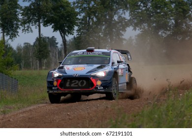 MIKOLAJKI, POLAND - JUL 1:  Thierry Neuville And His Codriver Nicolas Gilsoul In Hyundai I20 Coupe WRC Race In The 74nd Rally Poland, On July 1, 2017 In Mikolajki, Poland.