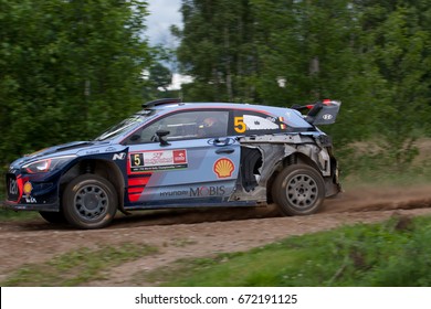 MIKOLAJKI, POLAND - JUL 1:  Thierry Neuville And His Codriver Nicolas Gilsoul In Hyundai I20 Coupe WRC Race In The 74nd Rally Poland, On July 1, 2017 In Mikolajki, Poland.