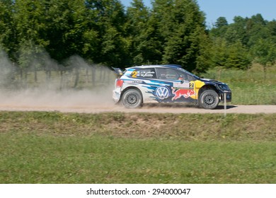 MIKOLAJKI, POLAND - JUL 3: Jari-Matti Latvala And His Codriver Miikka Anttila In A Volkswagen Polo R WRC Race In The 72nd Rally Poland, On July 3, 2015 In Mikolajki, Poland.