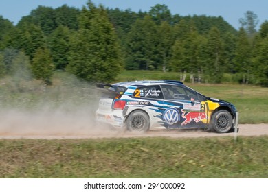 MIKOLAJKI, POLAND - JUL 3: Jari-Matti Latvala And His Codriver Miikka Anttila In A Volkswagen Polo R WRC Race In The 72nd Rally Poland, On July 3, 2015 In Mikolajki, Poland.