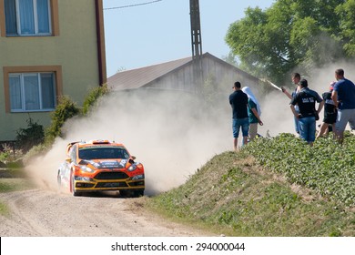 MIKOLAJKI, POLAND - JUL 3: Kris Meeke And His Codriver Paul Nagle In A Citroen DS3 WRC Race In The 72nd Rally Poland, On July 3, 2015 In Mikolajki, Poland.